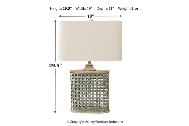 Whether your look is coolly contemporary or retro chic, the Deondra table lamp simply delights. Whitewashed finish over galvanized metal adds the perfect rustic refined tone. The shapely base, placed next to a sofa or beside a bed, rounds out the look beautifully.Made of galvanized metal and wood with rounded corner Rectangular hardback shade | 3-way switch | 1 type A bulb (not included); 150 watts max or CFL 25 watts max; UL Listed | Assembly required | Estimated Assembly Time: 15 Minutes