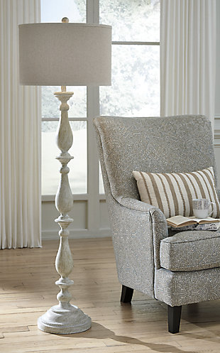 With its whitewash finish, the Bernadate floor lamp is full of character and style. Its candlestick design and drum shade will add a dose of casual chicness to your living space.Made of cast resin with fabric drum shade | 3-way switch | 1 type A bulb (not included); 150 watts max or CFL 25 watts max; UL Listed | Clean with a soft, dry cloth | Assembly required | Estimated Assembly Time: 15 Minutes