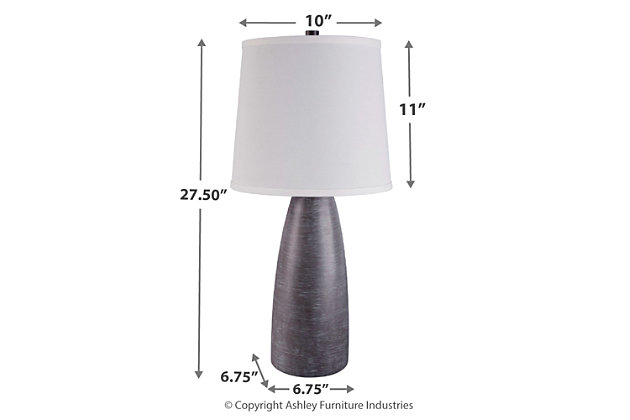 Modern style shape-up. You love all things contemporary, but bling isn’t your thing. Behold the beauty of the Shavontae table lamp. Smooth, subtle lines speak volumes. Hint of radiance on the base brings just enough sheen to the scene.Made of resin with fabric modified drum shade | 3-way switch | 1 type A bulb (not included); 150 watts max or CFL 25 watts max; UL Listed | Assembly required | Clean with a soft, dry cloth | Estimated Assembly Time: 15 Minutes