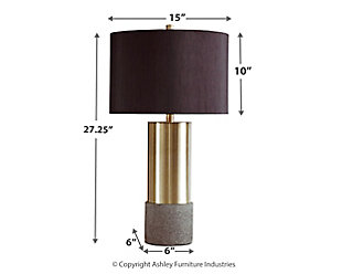 Faux concrete sets the stage for this ultra contemporary brass-tone table lamp. This substantial lamp is topped with a chic black shade with goldtone foil interior for an elegant aesthetic.Made of metal and poly resin with drum shade | 3-way switch | 1 type A bulb (not included); 150 watts max or CFL 25 watts max; UL Listed | Clean with a soft, dry cloth | Assembly required | Estimated Assembly Time: 15 Minutes