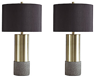Faux concrete sets the stage for this ultra contemporary brass-tone table lamp. This substantial lamp is topped with a chic black shade with goldtone foil interior for an elegant aesthetic.Made of metal and poly resin with drum shade | 3-way switch | 1 type A bulb (not included); 150 watts max or CFL 25 watts max; UL Listed | Clean with a soft, dry cloth | Assembly required | Estimated Assembly Time: 15 Minutes