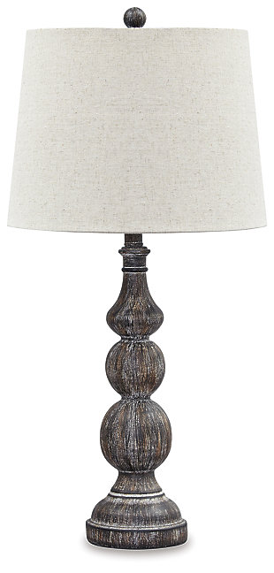 Black finish with two-tone gradations moves your eye from top to bottom of the handsomely crafted Mair table lamp. Silhouette of the turned base contrasts beautifully against the neutral drum shade. Light up your room in timeworn sophistication.Made of poly resin with modified drum shade | 3-way switch | 1 type A bulb (not included); 150 watts max or CFL 25 watts max; UL Listed | Clean with a soft, dry cloth | Assembly required | Estimated Assembly Time: 15 Minutes