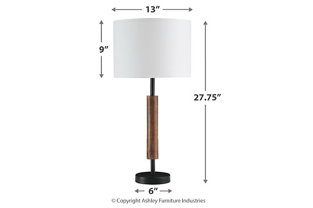 Delight in the sleek minimalism and sheer simplicity of the wood and metal Maliny table lamp. Cylindrical shaping is sure to round out a contemporary space beautifully.Made of metal and wood with fabric drum shade | 3-way switch | 1 type A bulb (not included); 150 watts max or CFL 25 watts max; UL Listed | Assembly required | Clean with a soft, dry cloth | Estimated Assembly Time: 15 Minutes