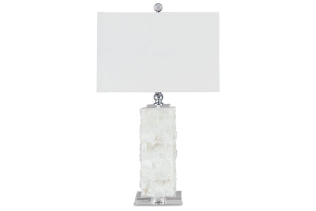 Bring a slice of paradise home with you. The Malise lamp takes inspiration from the coastal chic trend with its uniquely crafted base, formed with chunks of white alabaster. How fashion-forward.Made of alabaster and acrylic with a rectangular hardback shade | 3-way switch | 1 type A bulb (not included); 100 watts max or CFL 23 watts max; UL Listed | Clean with a soft, dry cloth | Assembly required | Estimated Assembly Time: 15 Minutes