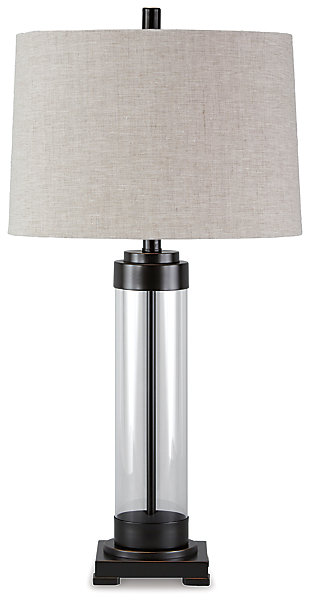Clearly for those with an eye for hip design. Inspired by the modern industrial look that puts internal workings on display, Talar table lamp illuminates your space in a cool, minimalistic way.Made of glass and metal with fabric modified drum shade | 3-way switch | 1 type A bulb (not included); 150 watts max or CFL 25 watts max; UL Listed | Assembly required | Clean with a soft, dry cloth | Estimated Assembly Time: 15 Minutes
