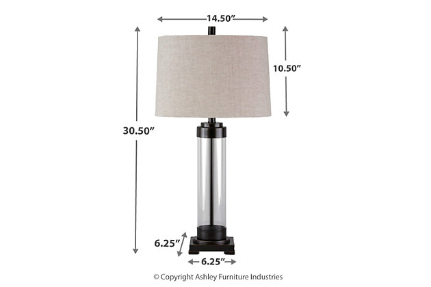 Clearly for those with an eye for hip design. Inspired by the modern industrial look that puts internal workings on display, Talar table lamp illuminates your space in a cool, minimalistic way.Made of glass and metal with fabric modified drum shade | 3-way switch | 1 type A bulb (not included); 150 watts max or CFL 25 watts max; UL Listed | Assembly required | Clean with a soft, dry cloth | Estimated Assembly Time: 15 Minutes