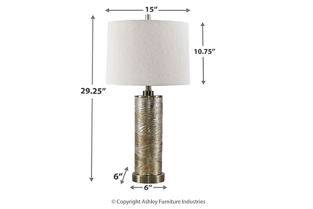 Go for gold in a fashion-forward way with the Farrar table lamp. Merger of goldtone glass and metal make for an illuminating twist. Cylindrical shaping keeps the aesthetic clean and ultra contemporary.Made of glass and metal with modified drum shade | 3-way switch | 1 type A bulb (not included); 150 watts max or CFL 25 watts max; UL listed | Assembly required | Clean with a soft, dry cloth | Estimated Assembly Time: 15 Minutes