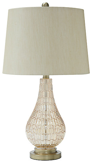 The Latoya table lamp feeds your design appetite. The curvy silhouette permeates your room with contemporary romance, while the champagne-hued glass body is a soft and feminine finish. Brass-tone base finesses the look with a sleek touch.Made of champagne finished glass and brass-tone metal with modified drum shade | 3-way switch | 1 type A bulb (not included); 100 watts max or CFL 23 watts max; UL Listed | Clean with a soft, dry cloth | Assembly required | Estimated Assembly Time: 15 Minutes