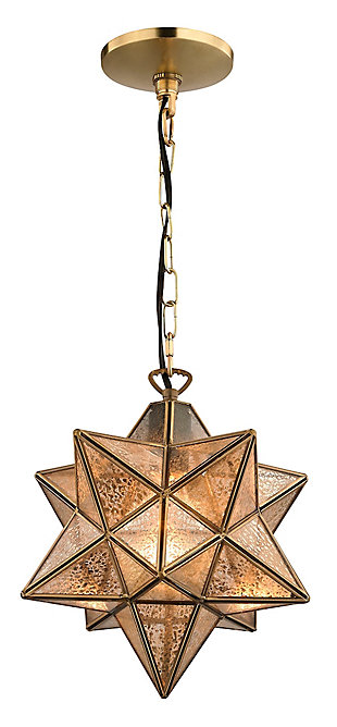 Fun yet not too far out, this star pendant light is sure to illuminate a space in a bold, brilliant way. Its clean-lined, three-dimensional vertex design is striking from every angle.Made of metal with multi-panel glass shade | Goldtone finish | 1 B11 bulb (not included); 60-watt max; UL Listed | Hardwired fixture; professional installation recommended | Indoor use only | Assembly required