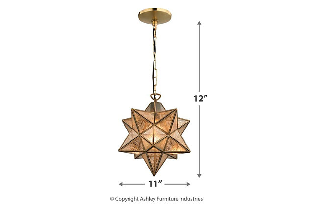 Fun yet not too far out, this star pendant light is sure to illuminate a space in a bold, brilliant way. Its clean-lined, three-dimensional vertex design is striking from every angle.Made of metal with multi-panel glass shade | Goldtone finish | 1 B11 bulb (not included); 60-watt max; UL Listed | Hardwired fixture; professional installation recommended | Indoor use only | Assembly required