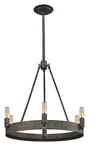 Home is your castle. Illuminate it in fine style with this modern medieval light fixture. An intriguing fusion of then and now, it’s sure to stand the test of time.Made of iron | Malted rust-tone finish | 6 b11 bulbs (not included); 60-watt max; ul listed | Hardwired fixture; professional installation recommended | Indoor use only | Assembly required