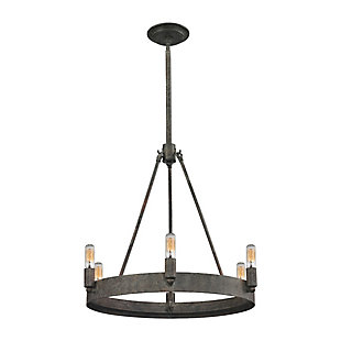 Home is your castle. Illuminate it in fine style with this modern medieval light fixture. An intriguing fusion of then and now, it’s sure to stand the test of time.Made of iron | Malted rust-tone finish | 6 b11 bulbs (not included); 60-watt max; ul listed | Hardwired fixture; professional installation recommended | Indoor use only | Assembly required