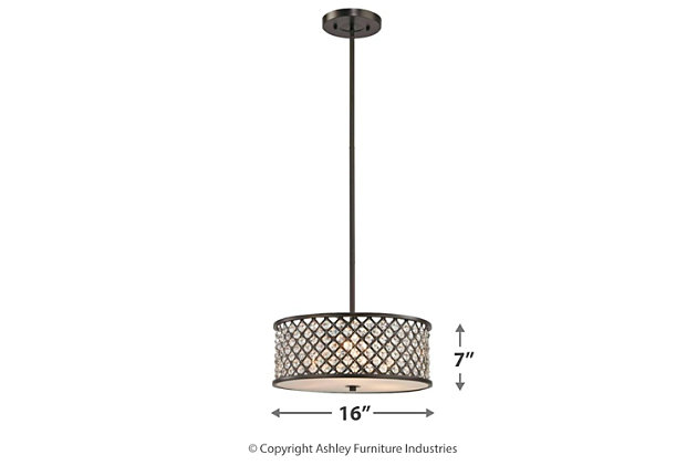 Drumroll, please. This chandelier is a fresh, new interpretation of the classic drum design. Gracefully suspended from the ceiling, it elevates the warmth and charm of any gathering.Made of metal with clear crystals | Oil-rubbed bronze-tone finish | 3 a19 bulbs (not included); 100-watt max; ul listed | Hardwired fixture; professional installation recommended | Indoor use only | Assembly required