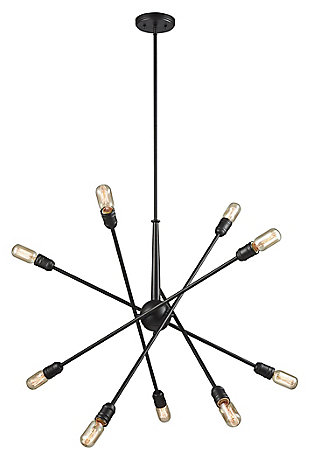 Sputnik fixture takes your lighting to a whole new plane. The addition of filament bulbs transforms this minimalist chandelier into a modern masterpiece.Made of metal | Oil-rubbed bronze-tone finish | 10 a19 bulbs (not included); 60-watt max; ul listed | Hardwired fixture; professional installation recommended | Indoor use only | Assembly required