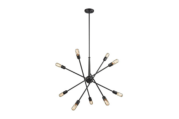 Sputnik fixture takes your lighting to a whole new plane. The addition of filament bulbs transforms this minimalist chandelier into a modern masterpiece.Made of metal | Oil-rubbed bronze-tone finish | 10 a19 bulbs (not included); 60-watt max; ul listed | Hardwired fixture; professional installation recommended | Indoor use only | Assembly required