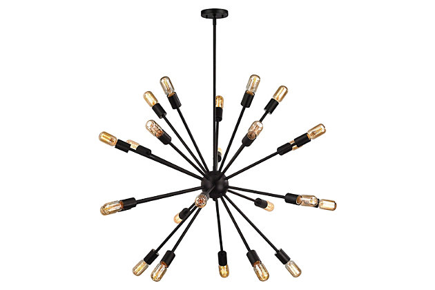 Sputnik fixture takes your lighting to a whole new plane. The addition of filament bulbs transforms this minimalist chandelier into a modern masterpiece.Made of metal | Oil-rubbed bronze-tone finish | 12 a19 bulbs (not included); 60-watt max; ul listed | Hardwired fixture; professional installation recommended | Indoor use only | Assembly required