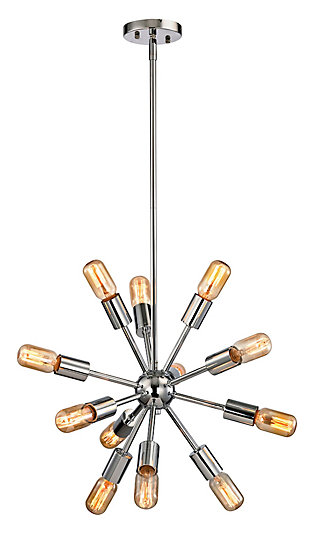 Sputnik fixture takes your lighting to a whole new plane. The addition of filament bulbs transforms this minimalist chandelier into a modern masterpiece.Made of metal | Polished chrome-tone finish | 12 a19 bulbs (not included); 60-watt max; ul listed | Hardwired fixture; professional installation recommended | Indoor use only | Assembly required