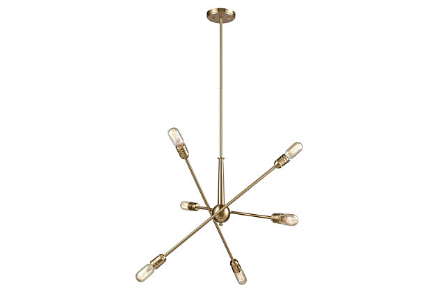 Sputnik fixture takes your lighting to a whole new plane. The addition of filament bulbs transforms this minimalist chandelier into a modern masterpiece.Made of metal | Satin brass finish | 6 a19 bulbs (not included); 60-watt max; ul listed | Hardwired fixture; professional installation recommended | Indoor use only | Assembly required