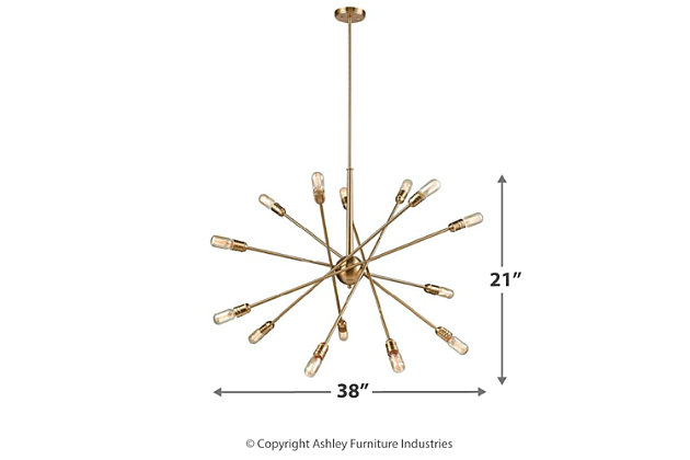 Sputnik fixture takes your lighting to a whole new plane. The addition of filament bulbs transforms this minimalist chandelier into a modern masterpiece.47-inch overall height, including cord, chain, or rods. | Satin brass finish | 12 a19 bulbs (not included); 60-watt max; ul listed | Hardwired fixture; professional installation recommended | Indoor use only | Assembly required