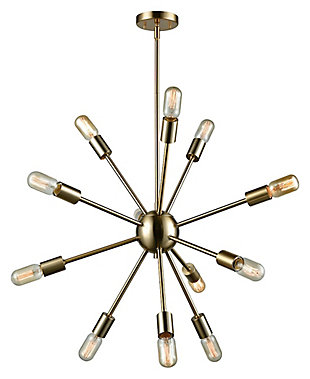 Sputnik fixture takes your lighting to a whole new plane. The addition of filament bulbs transforms this minimalist chandelier into a modern masterpiece.47-inch overall height, including cord, chain, or rods. | Satin brass finish | 12 a19 bulbs (not included); 60-watt max; ul listed | Hardwired fixture; professional installation recommended | Indoor use only | Assembly required
