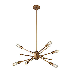 Sputnik fixture takes your lighting to a whole new plane. The addition of filament bulbs transforms this minimalist chandelier into a modern masterpiece.54-inch overall height, including cord, chain, or rods. | Matte goldtone finish | 6 a19 bulbs (not included); 60-watt max; ul listed | Hardwired fixture; professional installation recommended | Indoor use only | Assembly required