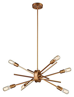 Sputnik fixture takes your lighting to a whole new plane. The addition of filament bulbs transforms this minimalist chandelier into a modern masterpiece.54-inch overall height, including cord, chain, or rods. | Matte goldtone finish | 6 a19 bulbs (not included); 60-watt max; ul listed | Hardwired fixture; professional installation recommended | Indoor use only | Assembly required
