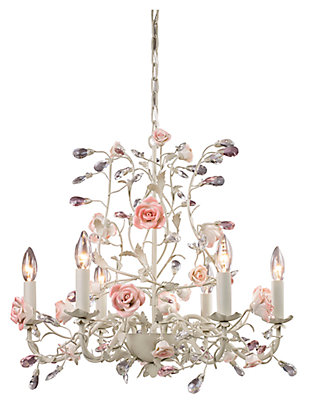 Six Light Heritage 6-Light Chandelier in Cream with Porcelain Roses and Crystal, , large