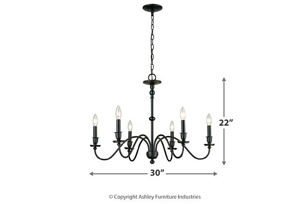 With a sense of ease and grace, this easy-to-love chandelier conveys comfort, harmony and order. Casting its light in an entryway, living room or den, it welcomes your guests with the warmth and familiarity of an old friend.Made of metal | Matte black finish | 6 b11 bulbs (not included); 60-watt max; ul listed | Hardwired fixture; professional installation recommended | Indoor use only | Assembly required