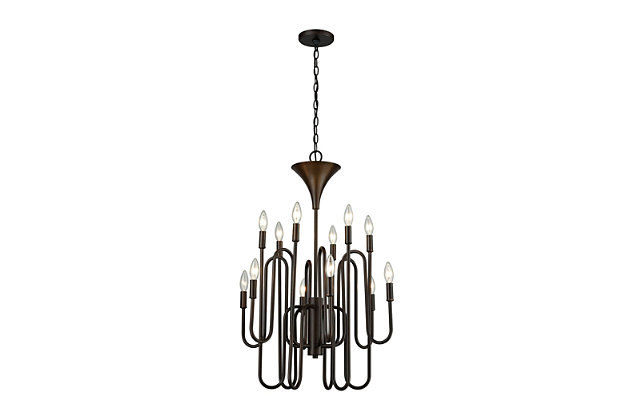 Part light source, part art form, this designer chandelier is totally brilliant. A stunning showcase of minimalism taken to the max, this decidedly contemporary light fixture will have you fixated on a modern point of view.Made of metal | Oil-rubbed bronze-tone finish | 12 b11 bulbs (not included); 60-watt max; ul listed | Hardwired fixture; professional installation recommended | Indoor use only | Assembly required