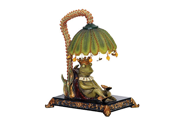 Why settle for standard light fixtures when this charming table lamp adds so much warmth and style? Whether lighting a living area, bedroom or entryway, this whimsical piece will steal the spotlight wherever it lands.Made of acrylic and composite | Antiqued black, goldtone and green finish | Green acrylic shade | 1 b11 bulb (not included); 15-watt max; ul listed | Indoor use only | On/off line switch | Assembly required