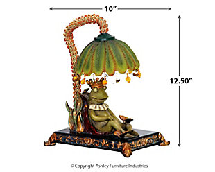 Why settle for standard light fixtures when this charming table lamp adds so much warmth and style? Whether lighting a living area, bedroom or entryway, this whimsical piece will steal the spotlight wherever it lands.Made of acrylic and composite | Antiqued black, goldtone and green finish | Green acrylic shade | 1 b11 bulb (not included); 15-watt max; ul listed | Indoor use only | On/off line switch | Assembly required