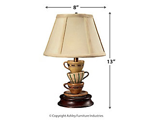 Why settle for standard light fixtures when this charming table lamp adds so much warmth and style? Whether lighting a living area, bedroom or entryway, this whimsical piece will steal the spotlight wherever it lands.Made of composite and fabric | Antiqued black, cream and gray finish | Taupe fabric shade | 1 a19 bulb (not included); 25-watt max; ul listed | Indoor use only | On/off line switch | Assembly required