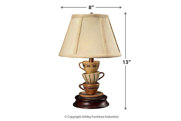 Why settle for standard light fixtures when this charming table lamp adds so much warmth and style? Whether lighting a living area, bedroom or entryway, this whimsical piece will steal the spotlight wherever it lands.Made of composite and fabric | Antiqued black, cream and gray finish | Taupe fabric shade | 1 a19 bulb (not included); 25-watt max; ul listed | Indoor use only | On/off line switch | Assembly required