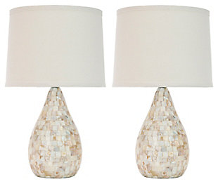 Fresh as an ocean breeze, this ivory shell table lamp set adds just the right touch of glimmer beside a sumptuously decorated bed or sophisticated sofa or chair. Crafted of natural capiz shell, the gourd-shaped base is accented with a silvertone metal neck and an off-white hardback cotton shade.Set of 2 | Made of shell and resin with fabric shade | On/off switch | Cfl bulb; 13-watt bulb included | Wipe with a soft, dry cloth; avoid use of chemicals and household cleaners as they may damage finish | Assembly required