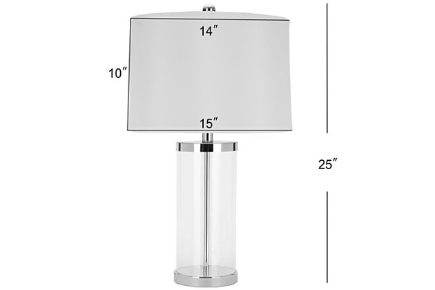 Simply sculptural, this table lamp set provides understated illumination that clearly complements transitional and contemporary rooms. A modern drum shade of white linen contrasts mirrored chrome-tone metal.Set of 2 | Made of glass and chrome-tone metal with fabric shade | On/off switch | Cfl bulb; 13-watt bulb included | Wipe with a soft, dry cloth; avoid use of chemicals and household cleaners as they may damage finish | Assembly required