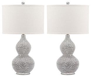 Let your room radiate in the shimmery glamour of this beaded table lamp set. Crafted of poly resin with a double gourd body, this shapely duo is completely encrusted with tiny silvertone beads. Topped with an off-white shade for clean, modern polish.Set of 2 | Made of resin with fabric shade | On/off switch | Cfl bulb; 13-watt bulb included | Wipe with a soft, dry cloth; avoid use of chemicals and household cleaners as they may damage finish | Assembly required