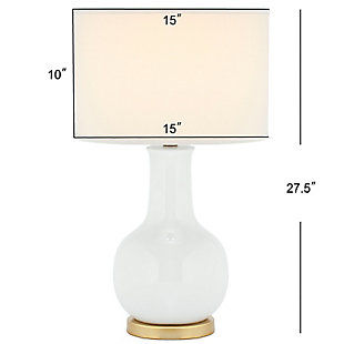 This curvaceous table lamp is sure to illuminate any room with elegance and contemporary flair. Crafted of glazed ceramic, its goregous gourd body is accented with goldtone-finished metal at the neck and base and topped with a hardback drum shade that's simply delightful.Made of ceramic with fabric shade | On/off switch | Cfl bulb; 13-watt bulb included | Wipe with a soft, dry cloth; avoid use of chemicals and household cleaners as they may damage finish | Assembly required