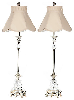 Inspired by the works of Europe’s great master craftsmen, this glass candlestick lamp is a posh addition to any interior. Place on a dining room buffet to serve a Versailles-worthy dinner, or beautify the boudoir to inspire dreams of romance. Scalloped taupe shade adds a touch of whimsy. Sold as a set of two.Set of 2 | Made of resin and glass with fabric shade | On/off switch | Cfl bulb; 13-watt bulb included | Wipe with a soft, dry cloth; avoid use of chemicals and household cleaners as they may damage finish | Assembly required