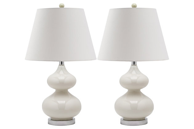 Illuminate your living room, bedroom or family room in a contemporary way with this double gourd table lamp. Shapely glass base is topped with a clean and simple white fabric shade for a fresh complement. Sold as a set of two.Set of 2 | Made of glass with fabric shade | On/off switch | Cfl bulb; 13-watt bulb included | Wipe with a soft, dry cloth; avoid use of chemicals and household cleaners as they may damage finish | Assembly required