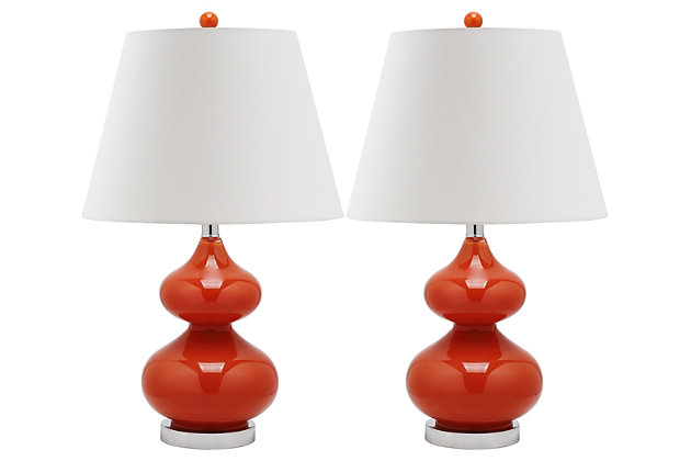 Illuminate your living room, bedroom or family room in a contemporary way with this double gourd table lamp. Shapely glass base is topped with a clean and simple white fabric shade for a fresh complement. Sold as a set of two.Set of 2 | Made of glass with fabric shade | On/off switch | Cfl bulb; 13-watt bulb included | Wipe with a soft, dry cloth; avoid use of chemicals and household cleaners as they may damage finish | Assembly required