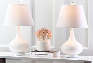 Illuminate your living room, bedroom or family room in a contemporary way with this gorgeous gourd table lamp. Shapely glass base is topped with a clean and simple white fabric shade for a fresh complement. Sold as a set of two.Set of 2 | Made of glass with fabric shade | On/off switch | Cfl bulb; 13-watt bulb included | Wipe with a soft, dry cloth; avoid use of chemicals and household cleaners as they may damage finish | Assembly required