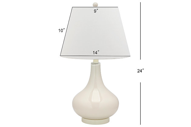 Illuminate your living room, bedroom or family room in a contemporary way with this gorgeous gourd table lamp. Shapely glass base is topped with a clean and simple white fabric shade for a fresh complement. Sold as a set of two.Set of 2 | Made of glass with fabric shade | On/off switch | Cfl bulb; 13-watt bulb included | Wipe with a soft, dry cloth; avoid use of chemicals and household cleaners as they may damage finish | Assembly required