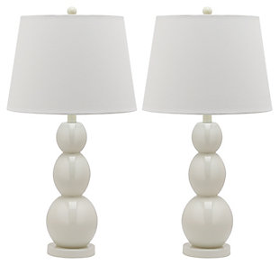 A perfect balance of form and function, this graceful, modern table lamp features three high-sheen glass balls that graduate in size. With matching fittings and slightly tapered cotton shade that gently filters light. Sold as a set of two.Set of 2 | Made of glass with fabric shade | On/off switch | Cfl bulb; 13-watt bulb included | Wipe with a soft, dry cloth; avoid use of chemicals and household cleaners as they may damage finish | Assembly required