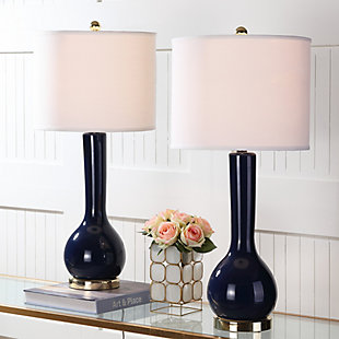 Inspired by a classic pottery form, this single gourd ceramic lamp with extra-long neck lends a stately but contemporary presence in any room.  Brushed goldtone base, neck and finial enhance the upscale aesthetic. Crisp off-white cotton drum shade is a fresh choice.Set of 2 | Made of ceramic with fabric shade | On/off switch | Cfl bulb; 13-watt bulb included | Wipe with a soft, dry cloth; avoid use of chemicals and household cleaners as they may damage finish | Assembly required