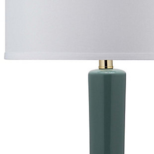 Inspired by a classic pottery form, this single gourd ceramic lamp with extra-long neck lends a stately but contemporary presence in any room.  Brushed goldtone base, neck and finial enhance the upscale aesthetic. Crisp off-white cotton drum shade is a fresh choice.Set of 2 | Made of ceramic with fabric shade | On/off switch | Cfl bulb; 13-watt bulb included | Wipe with a soft, dry cloth; avoid use of chemicals and household cleaners as they may damage finish | Assembly required