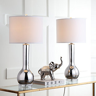 Inspired by a classic pottery form, this single gourd ceramic lamp with extra-long neck lends a stately but contemporary presence in any room.  Brushed silvertone base, neck and finial enhance the upscale aesthetic. Crisp off-white cotton drum shade is a fresh choice.Set of 2 | Made of ceramic with fabric shade | On/off switch | Cfl bulb; 13-watt bulb included | Wipe with a soft, dry cloth; avoid use of chemicals and household cleaners as they may damage finish | Assembly required