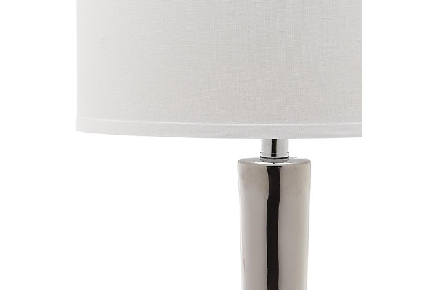 Inspired by a classic pottery form, this single gourd ceramic lamp with extra-long neck lends a stately but contemporary presence in any room.  Brushed silvertone base, neck and finial enhance the upscale aesthetic. Crisp off-white cotton drum shade is a fresh choice.Set of 2 | Made of ceramic with fabric shade | On/off switch | Cfl bulb; 13-watt bulb included | Wipe with a soft, dry cloth; avoid use of chemicals and household cleaners as they may damage finish | Assembly required