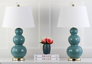 Illuminate your living room, bedroom or family room in a contemporary way with this triple gourd table lamp. Shapely ceremic base is topped with a clean and simple off-white fabric shade for a fresh complement. Sold as a set of two.Set of 2 | Made of ceramic with fabric shade | On/off switch | Cfl bulb; 13-watt bulb included | Wipe with a soft, dry cloth; avoid use of chemicals and household cleaners as they may damage finish | Assembly required