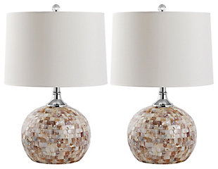 Natural capiz shell table lamp is a study in earthy elegance. Round gourd base is complemented by a simple white drum shade and silvertone metal. You’re sure to love how its casts an elegant glow in transitional, contemporary and coastal chic interiors.Set of 2 | Made of capiz shell and silvertone metal with fabric shade | On/off switch | Cfl bulb; 13-watt bulb included | Wipe with a soft, dry cloth; avoid use of chemicals and household cleaners as they may damage finish | Assembly required