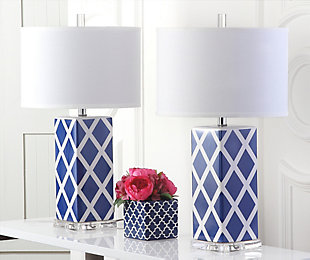 Forever plaid takes on new meaning with this delightful lattice design table lamp. Crafted of navy and white ceramic with a clear acrylic base and a silvertone neck, this graphic pattern is topped with a contemporary off-white drum shade.Set of 2 | Made of ceramic with fabric shade | 1 type a bulb (not included); 40 watts max or cfl 13 watts max | Assembly required | Clean with a soft, dry cloth